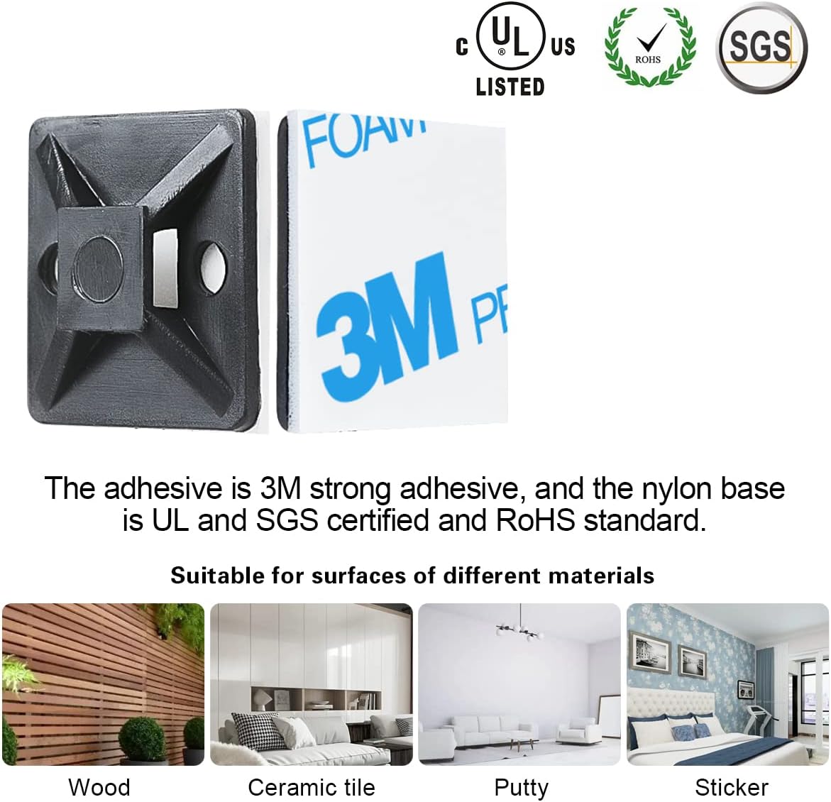 3/4" Strong Back-Glue Self Adhesive Black Cable Zip Tie Mounts 100pcs with 8" Zip Ties, Screws, UV Protection Outdoor