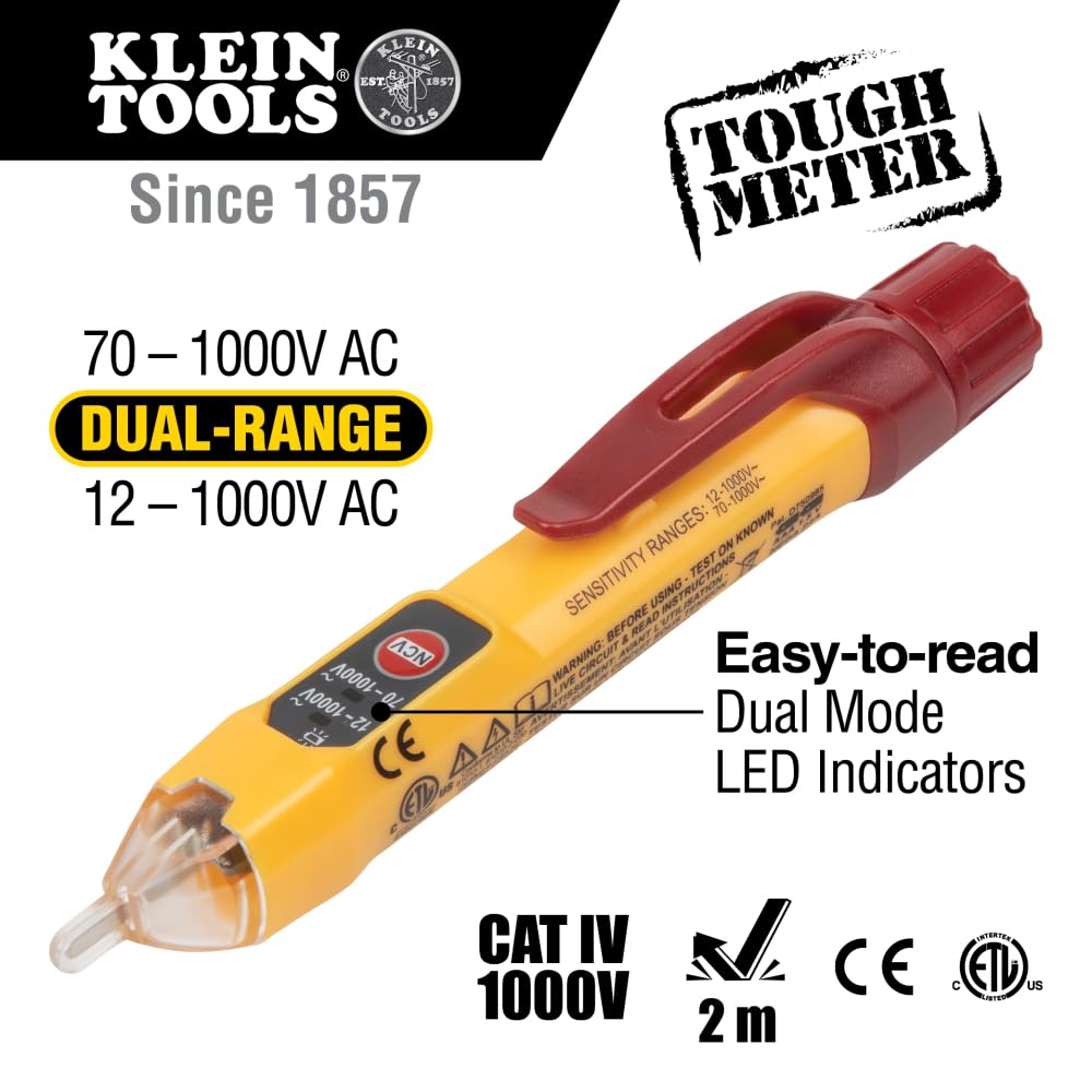 NCVT2P Dual Range, Non-Contact Voltage Tester, 12-1000V AC, Visual and Audible Indicators, Auto Power Off