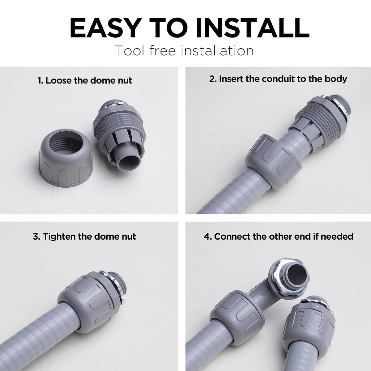 Conduit Connectors, 1/2 Inch, Straight, Grey, 30-Pack