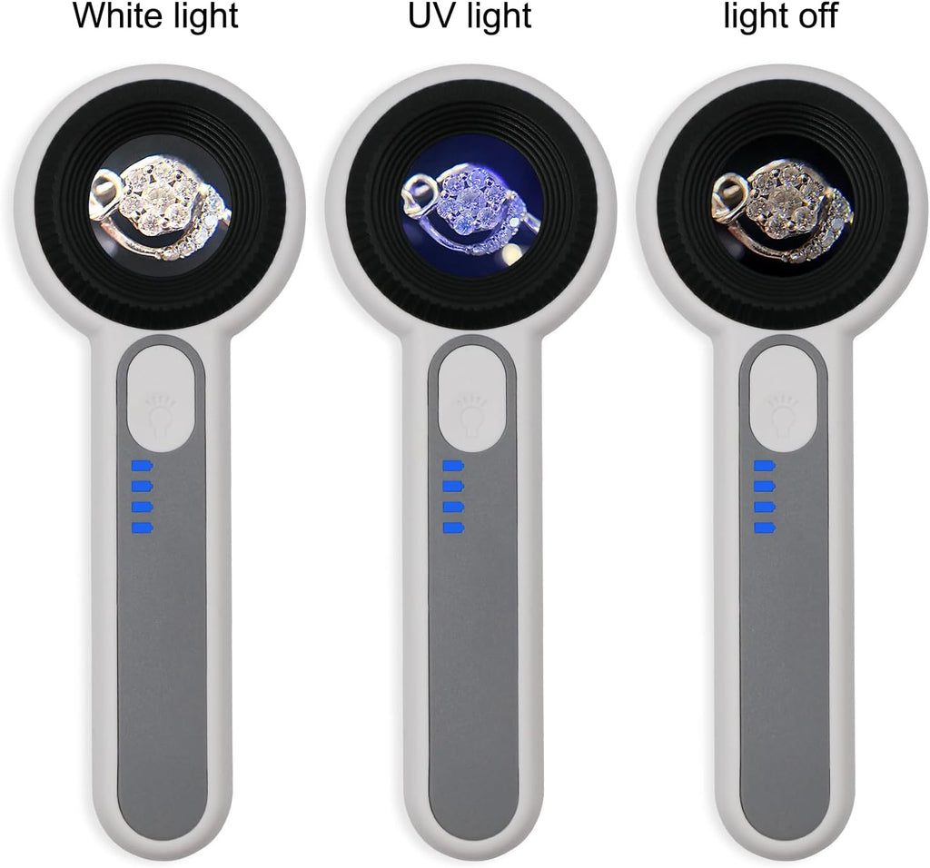 60X Handheld Magnifier with UV&LED Lights Jeweler Loups Magnifying Glass with 30mm Optical Lens, Touch Button