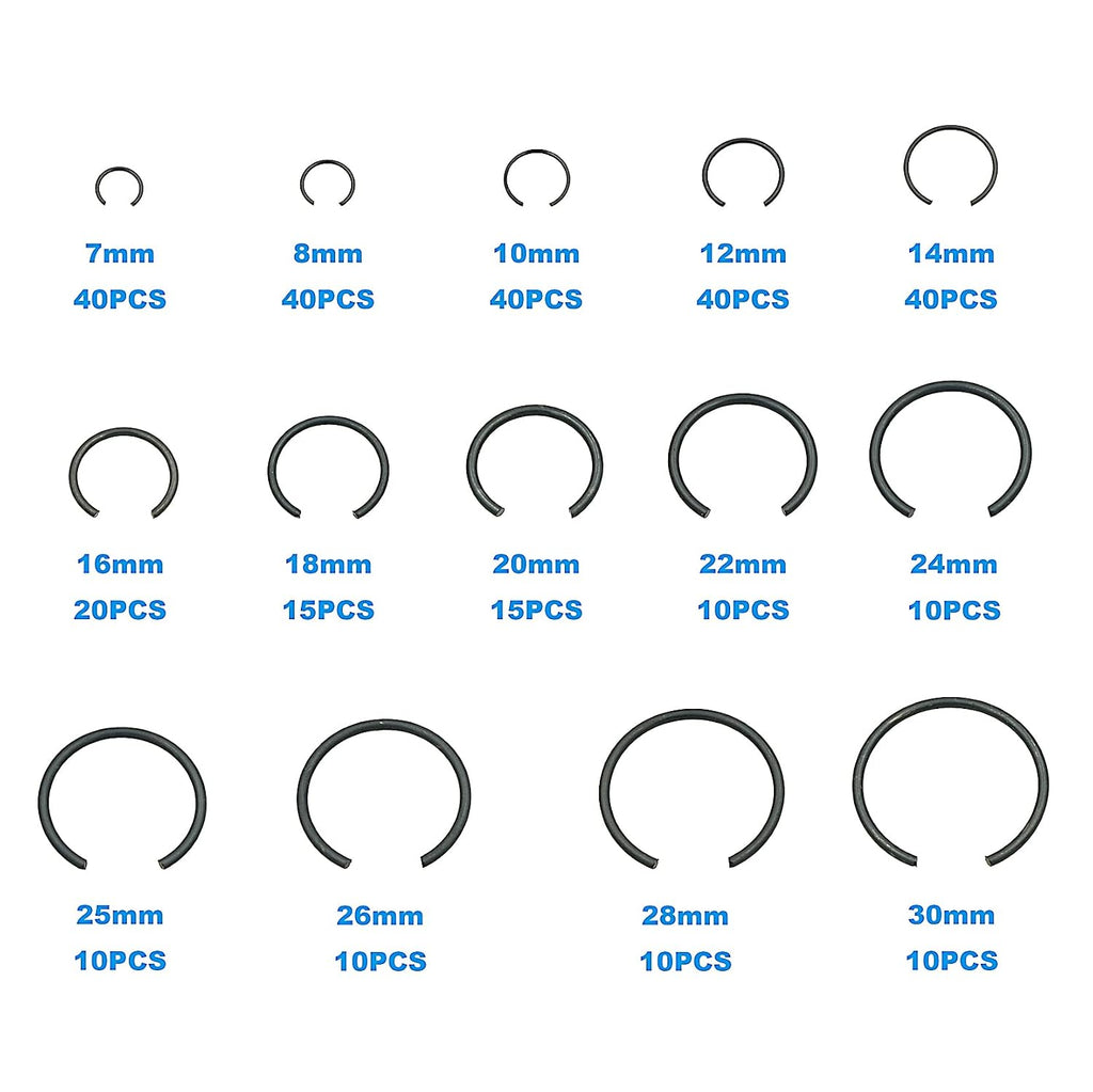 310PCS 14-Sizes 7–30mm Round Wire C-Clips Internal Snap Rings Kit