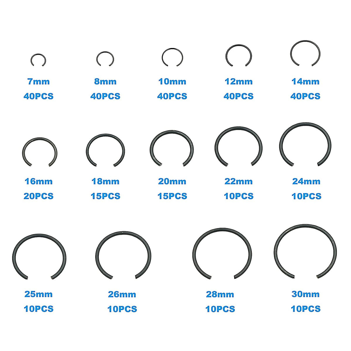 310PCS 14-Sizes 7–30mm Round Wire C-Clips Internal Snap Rings Kit