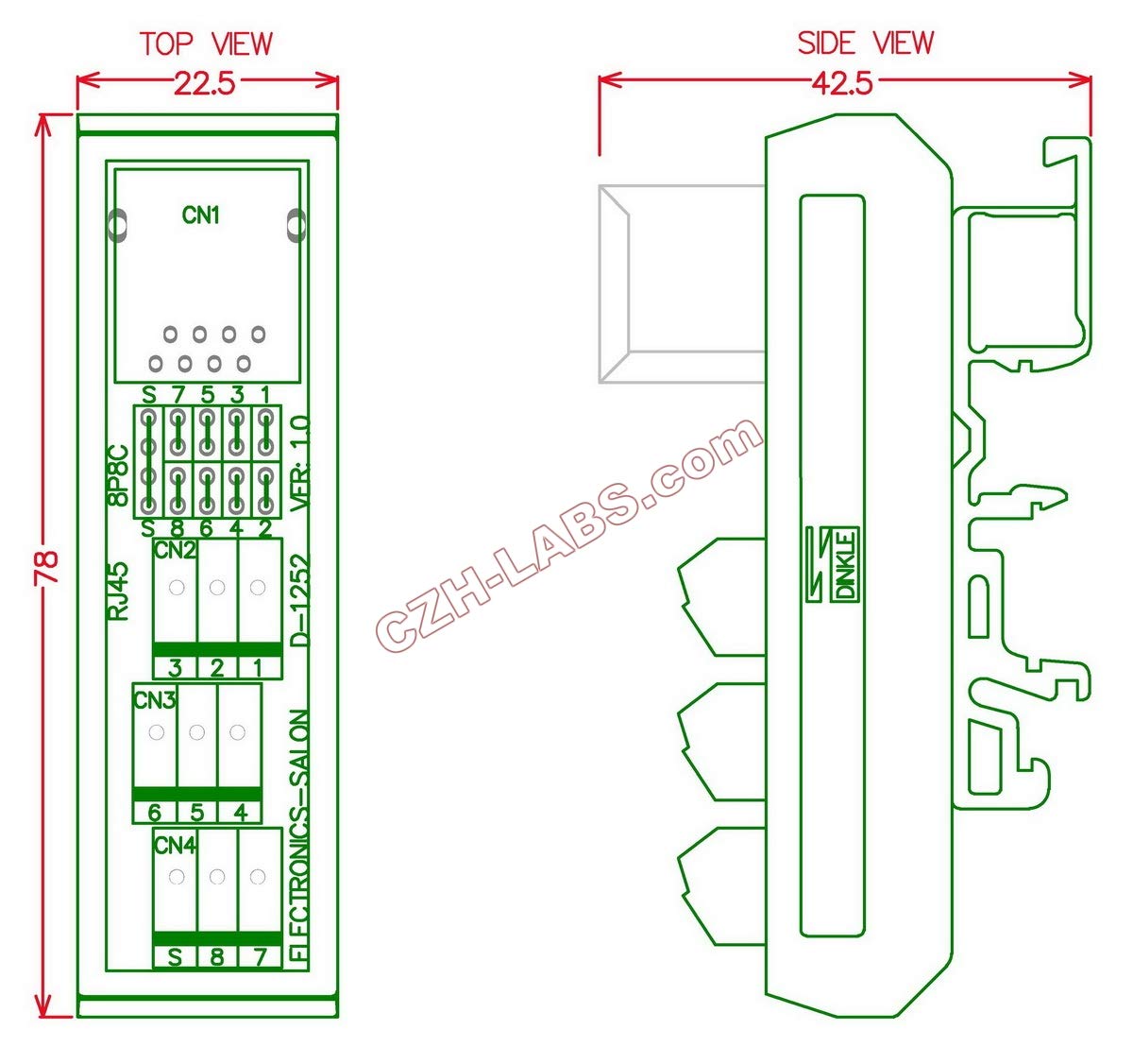Electronics-Salon Slim DIN Rail Mount RJ45 8P8C Breakout Board Interface Module.
