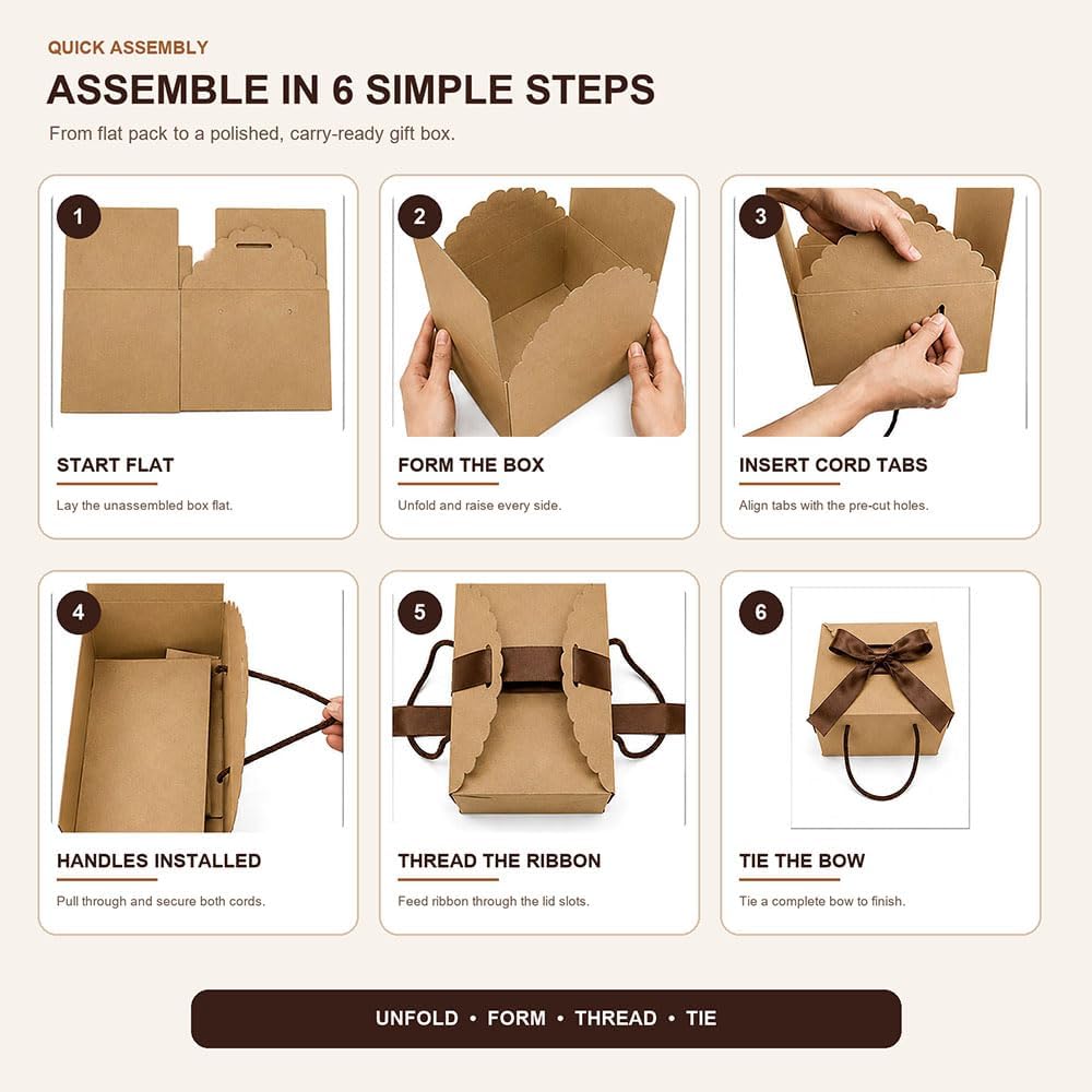 Brown Kraft Gift Box with Handle & Ribbon, 6 Pack 8 x 6 x 5 in