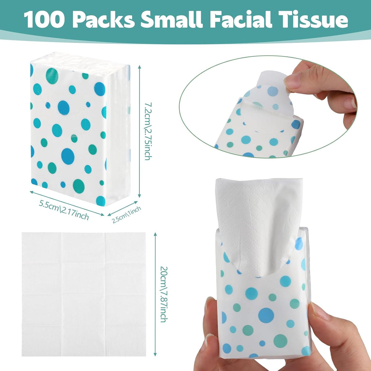 100 Pack Pocket Tissues, 3 Ply Polka Dot Travel Tissues