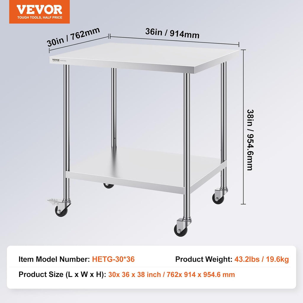 Stainless Steel Work Table 30 x 36 x 38 Inch, with 4 Wheels, 3 Adjustable Height Levels, Heavy Duty Food Prep