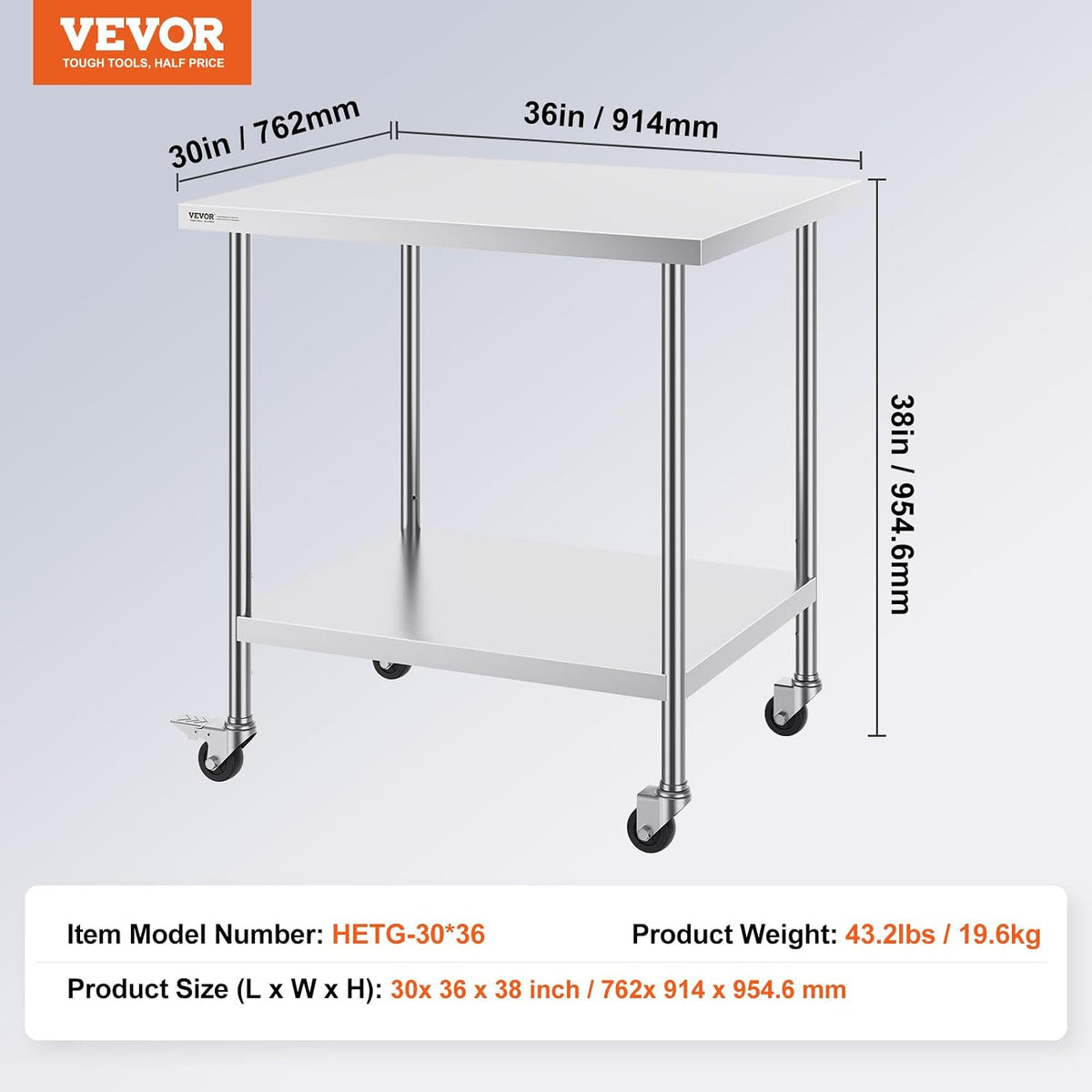 Stainless Steel Work Table 30 x 36 x 38 Inch, with 4 Wheels, 3 Adjustable Height Levels, Heavy Duty Food Prep