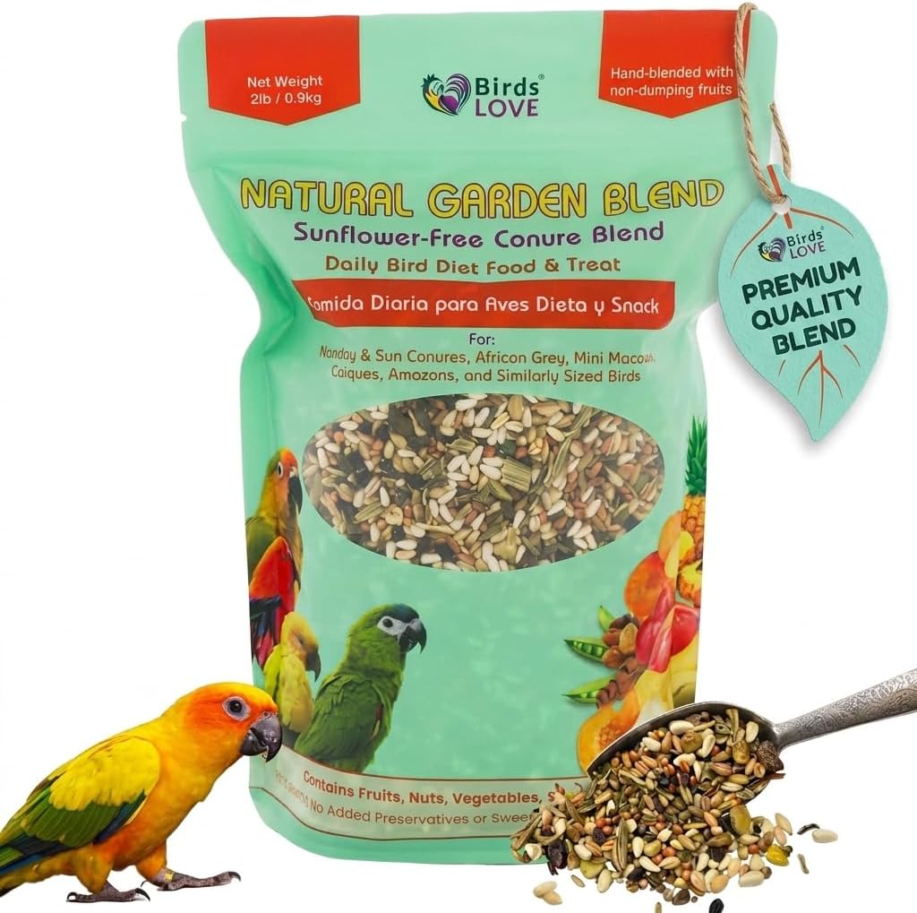 Natural Garden Blend Conure Food, Sunflower Free Bird Seed Mix with Fruits, Nuts, Vegetables and Seeds, All Natural