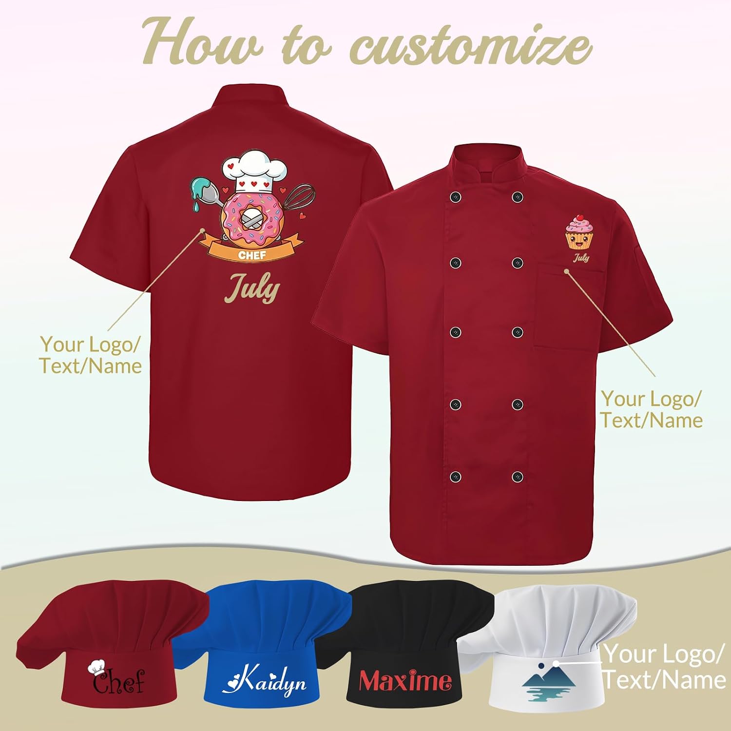 Custom Chef Coat Men Women Personalized Chef Jacket＆Hat with Logo Name Text Customized Chef's Uniform Short Sleeve