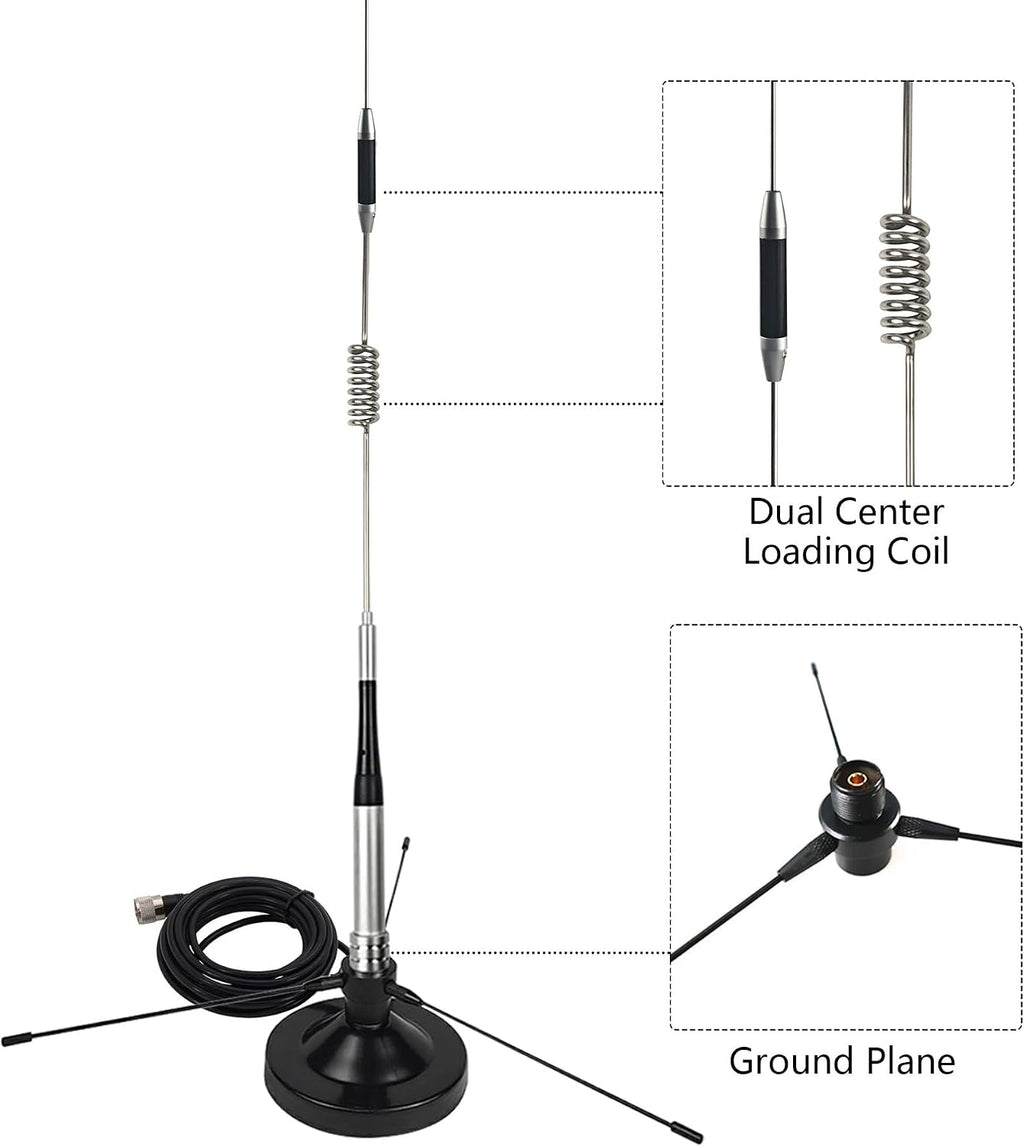 Dual Band VHF UHF Mobile Antenna 136-174MHz 400-470MHz (70cm & 2 Meter) Magnetic Mount Antenna with Ground Planes