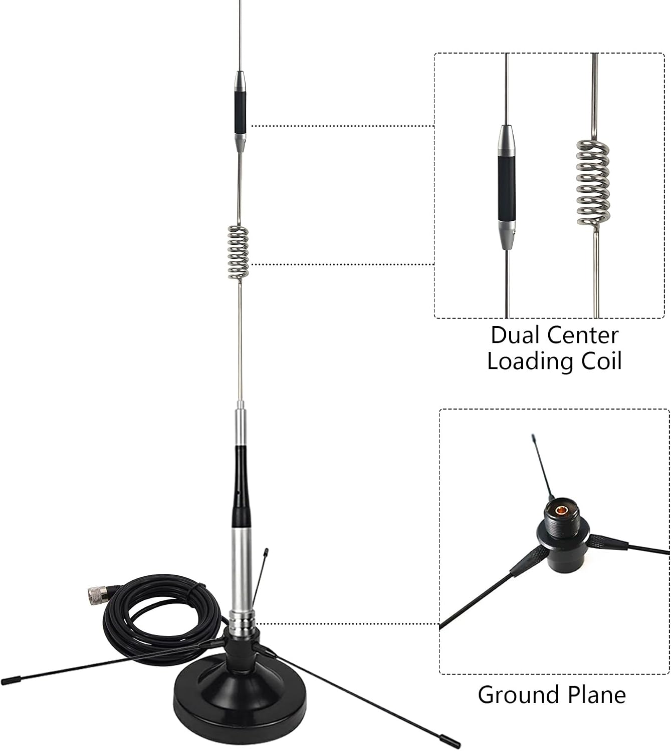 Dual Band VHF UHF Mobile Antenna 136-174MHz 400-470MHz (70cm & 2 Meter) Magnetic Mount Antenna with Ground Planes