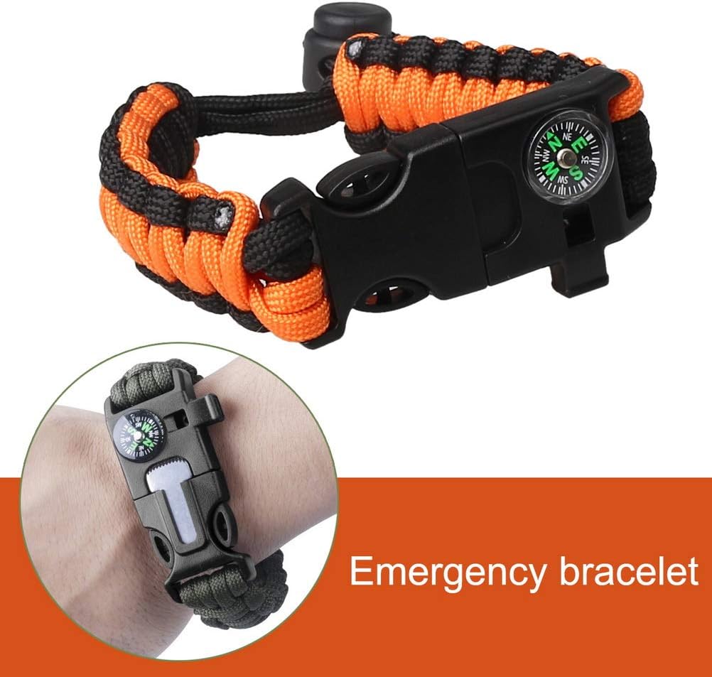 Survival Paracord Bracelet Flint Fire Starter Scraper Compass Wilderness Survival Whistle Adjustable Wristband 2Pack