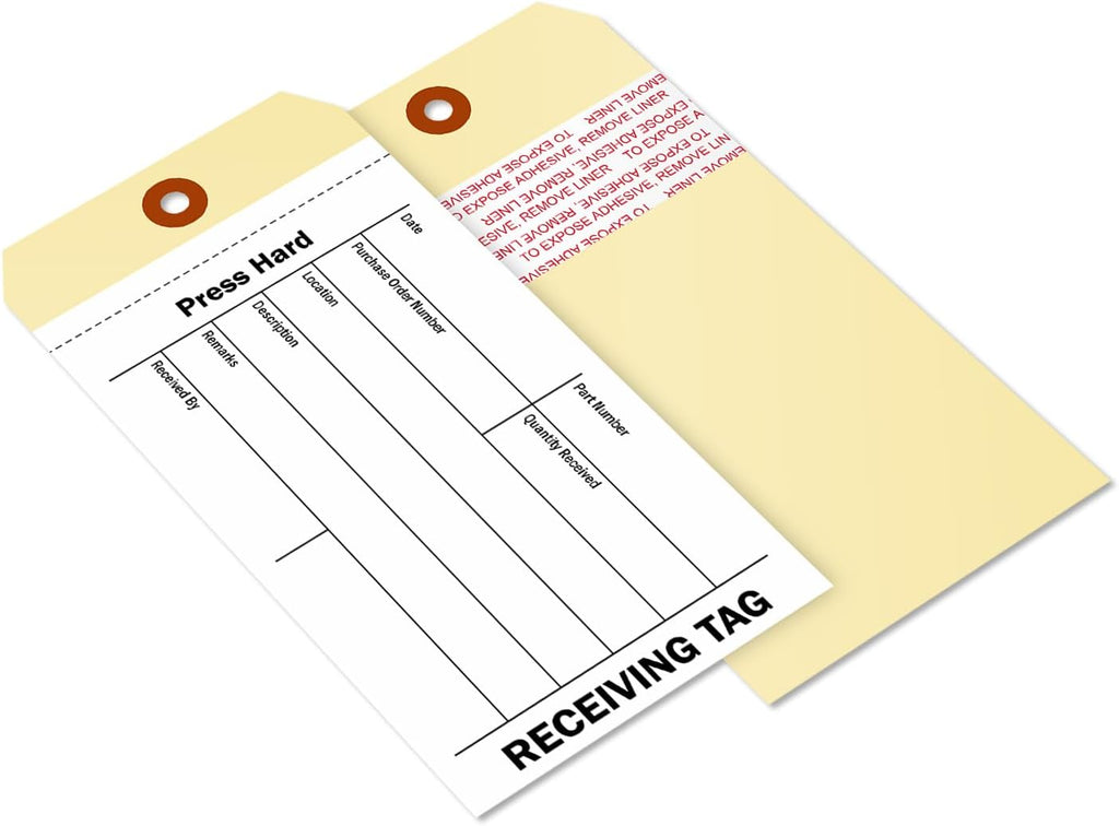 100-Pack 2-Part NCR Receiving Tags with Adhesive Strip - 6.25"x3.125", Thick Manila Tags with 60# Tear-Off NCR Paper