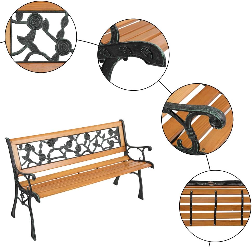 Outdoor Hardwood Garden Bench 49-Inch Patio Park Bench Elegant Porch Deck Loveseat w/Cast Iron Frame and Rose Pattern