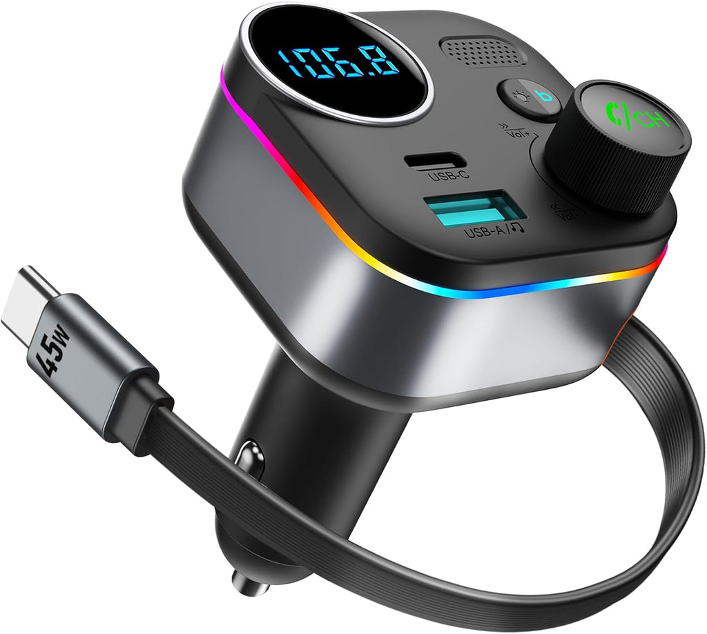 Bluetooth 5.4 FM Transmitter, 72W Car Charger with 45W Retractable USB-C PD | Built-in Cable, Hands-Free Calling
