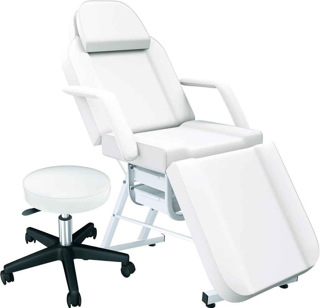 White Tattoo Chair for Client with Hydraulic Rolling Stool, Facial Bed Tattoo Client Chair Facial Chairs for