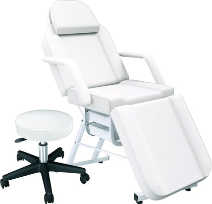 White Tattoo Chair for Client with Hydraulic Rolling Stool, Facial Bed Tattoo Client Chair Facial Chairs for