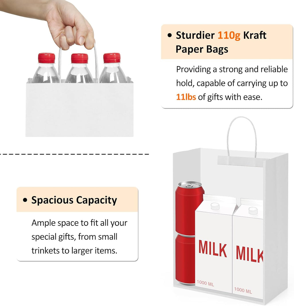 Kraft Paper Bags with Handles 10x5x13 Inch Large White 25 Pack