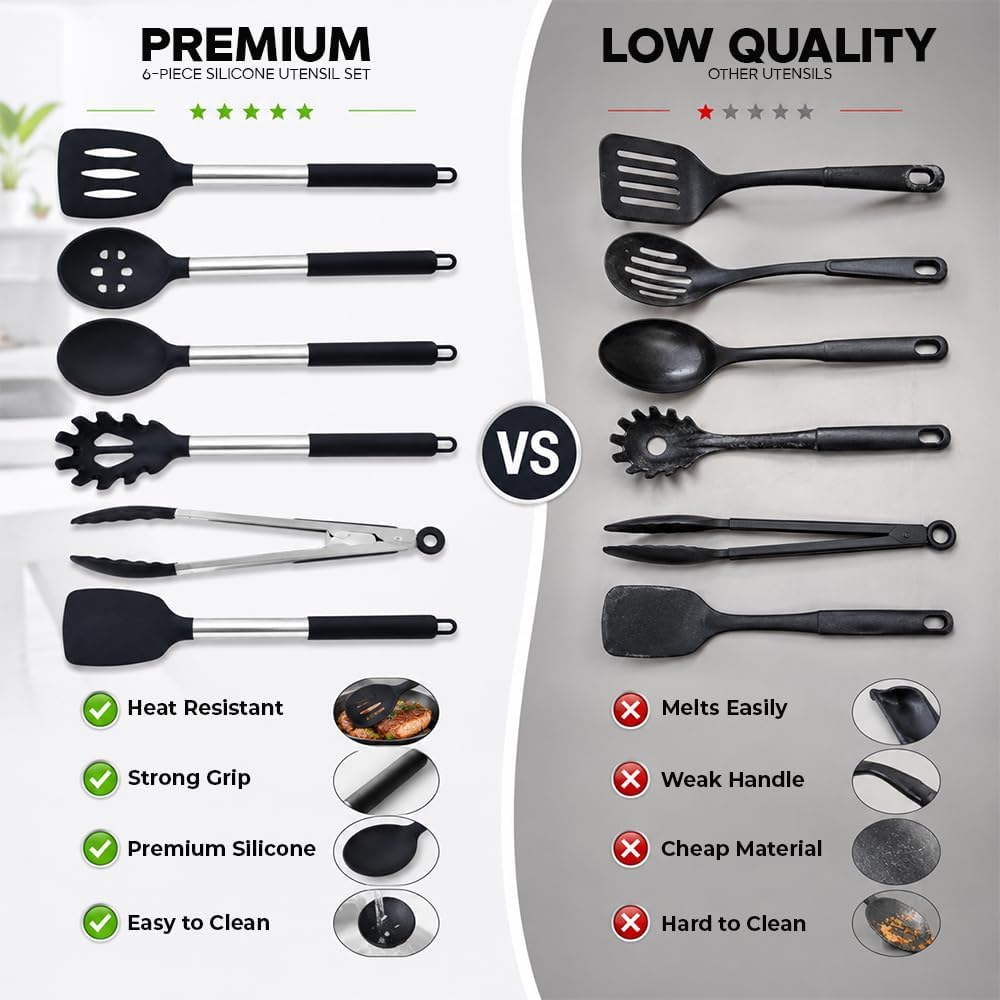 Silicone Cooking Utensils Set 6 PCS, Heat Resistant Non Stick Spatula Spoon Turner Kitchen Tools – BPA Free Non-Toxic
