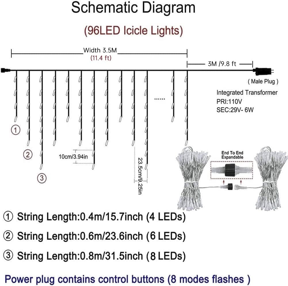 96 LED Icicle Lights for Outside,Warm White 11.4 FT Long | 16 Drops Connectable,8 Modes,Short Hanging Window String