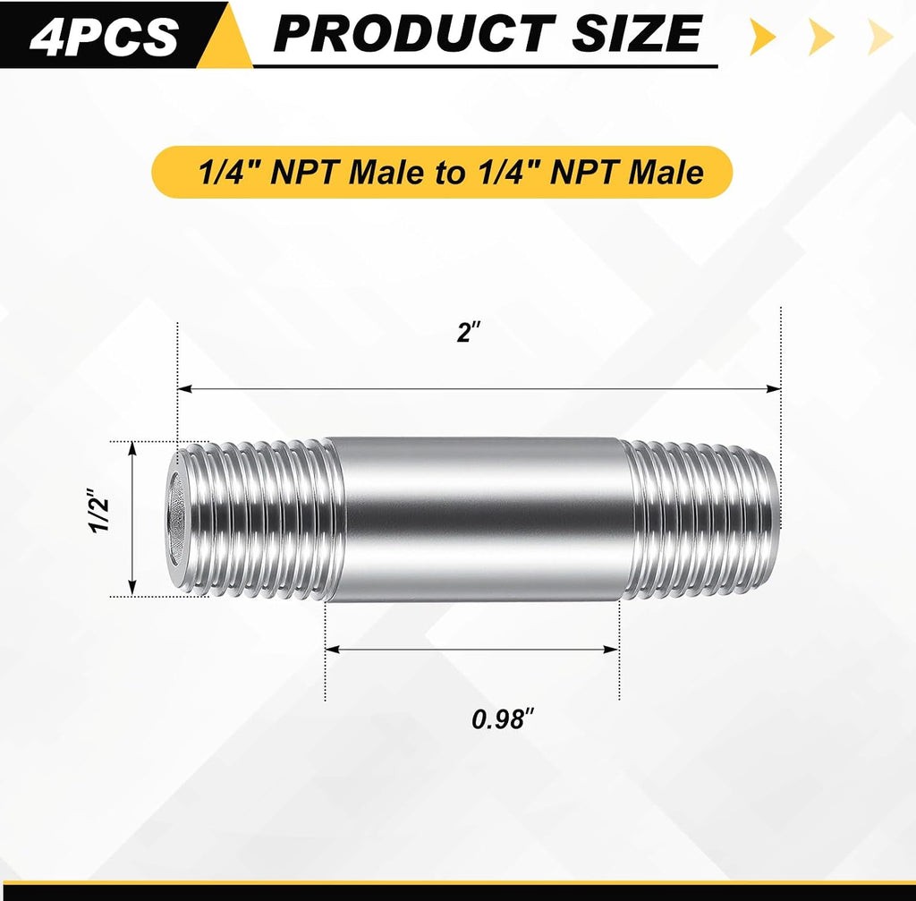 4 Pcs 304 Stainless Steel 1/4 NPT Pipe Nipple 2" Length