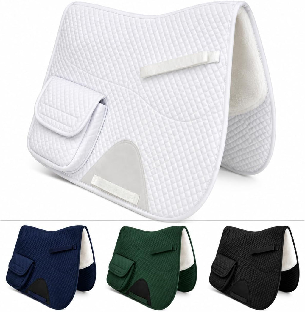 Premium English Saddle Pad with Storage Pockets, Half Fleece Lined for Comfort, Shock Absorbing Wither Relief Design