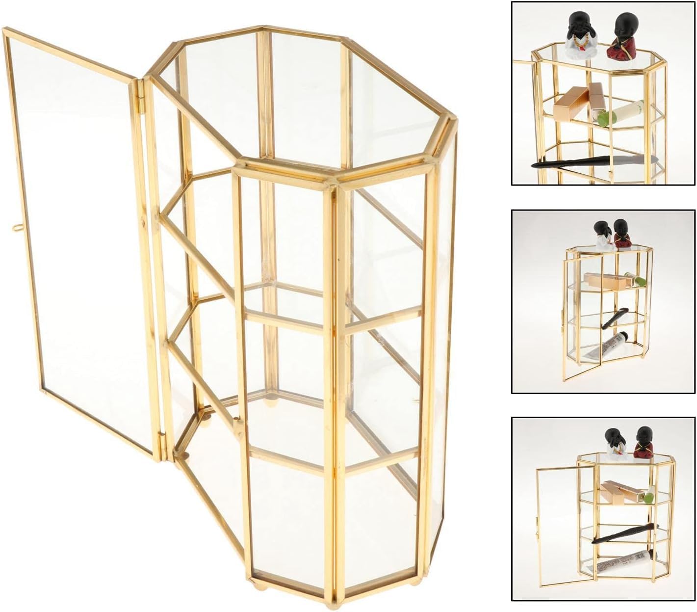 3-Tier Gold Glass Jewelry Makeup Organizer Box | Transparent glass display case for jewelry and cosmetic storage