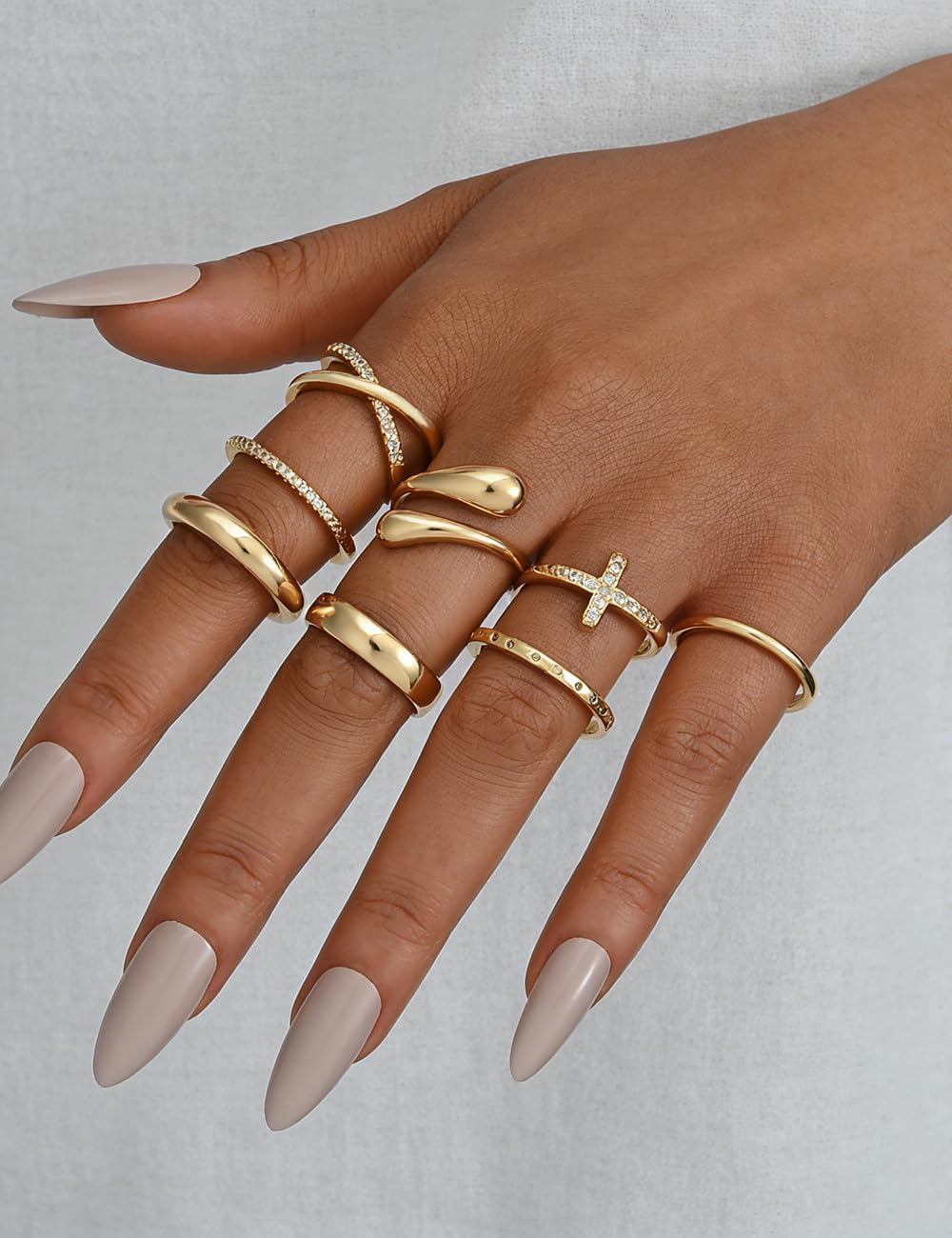 Non Tarnish Chunky Gold Rings for Women, 14K Gold Plated Dainty Stackable Cross Cubic Zirconia Ring Set, Knuckle