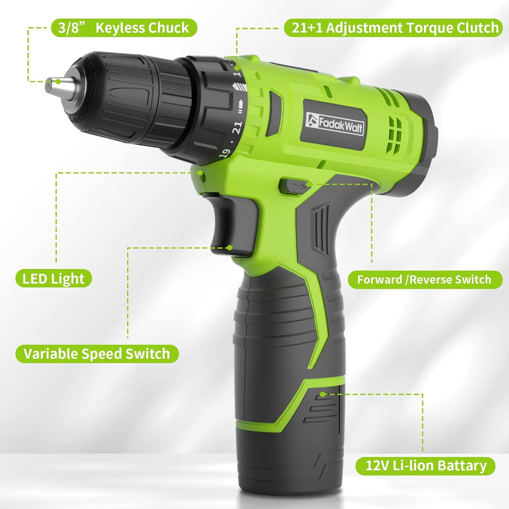 Cordless Drill Set,12V Power Drill Set with Battery and Charger, Electric Driver/Drill Bits, 3/8'' Keyless Chuck,21+1