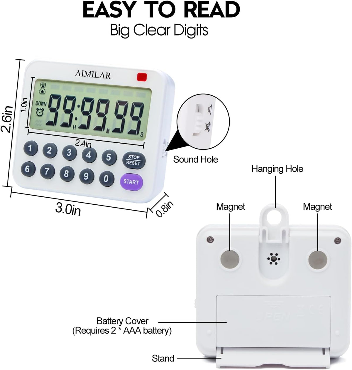 Magnetic Digital Kitchen Timer with Direct Numerical Keypad, Loud Alarm - 99Hr Countdown Count Up Timer for Cooking