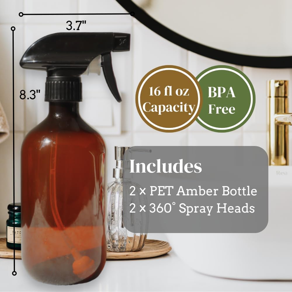 360° Heavy Duty Spray Bottle 16oz (2 Pack) | Upside Down Spray Bottles | All Purpose Plastic Amber Spray Bottles