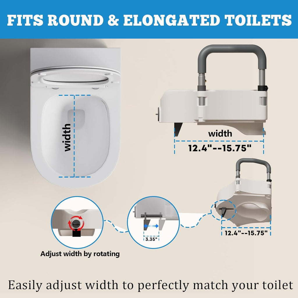 Extra Wide Elevated Toilet Seat Riser with Handles for Seniors - Height Adjustable Raised Toilet Seat, Heavy Duty