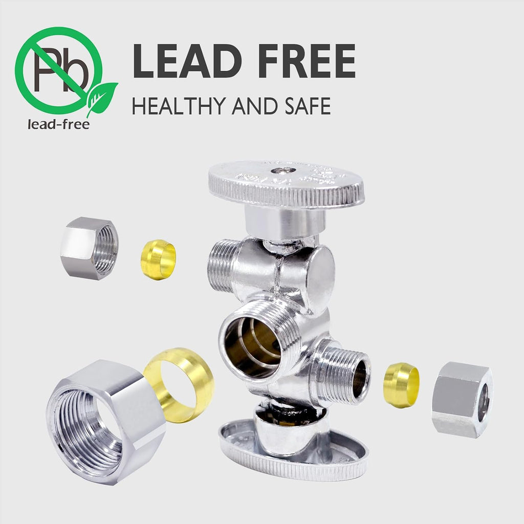 TTFLEX Dual Shut Off Valve 1/2" NOM x 3/8" COMP x 3/8" COMP, Quarter Turn | Double Shut Off Valve Kitchen Sink, Water