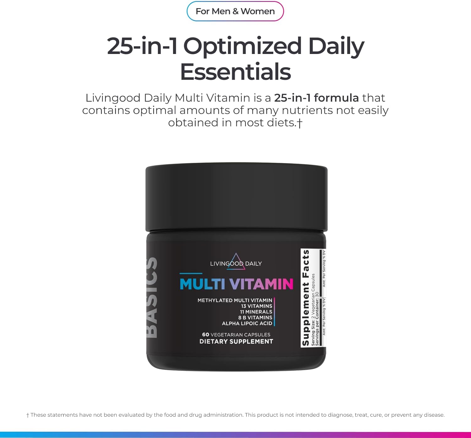 Methylated Multivitamin for Women and Men, Multi Vitamin Supplement with Alpha Lipoic Acid, B Vitamins, Iron, Zinc