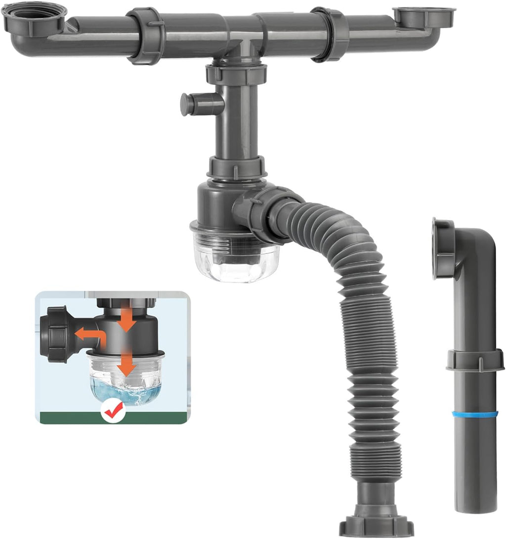 1-1/2 inch Kitchen Sink Drain Kit, space-saving kitchen drain with P-trap and extendable flexible hose (gourd
