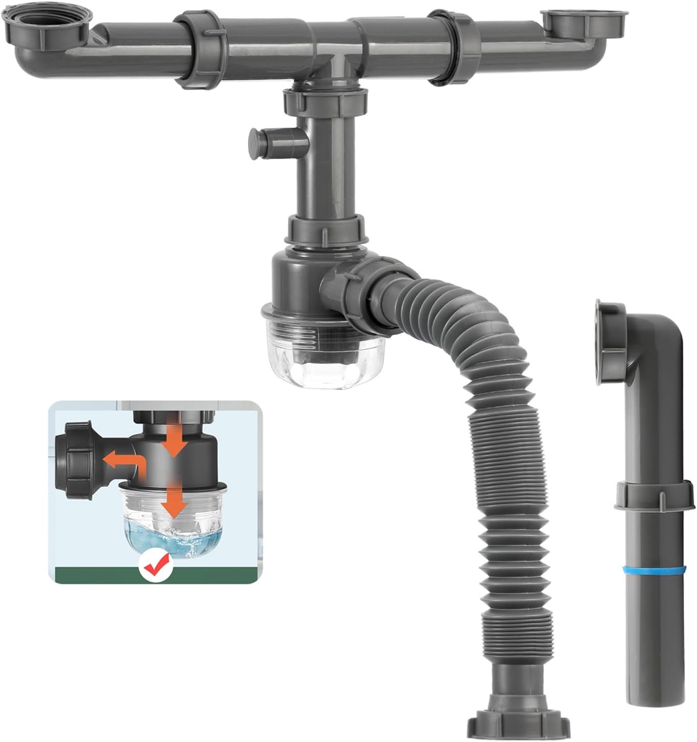 1-1/2 inch Kitchen Sink Drain Kit, space-saving kitchen drain with P-trap and extendable flexible hose (gourd