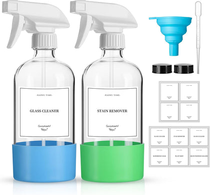 2 Pack Glass Spray Bottles with Silicone Sleeve,16oz Clear Glass Spray Bottles Refillable Empty Bottle with