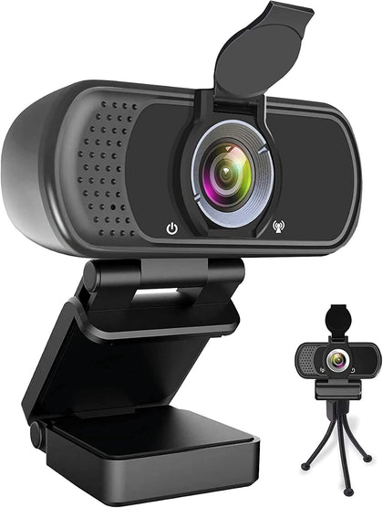 1080P Webcam with Microphone, HD Web Camera with Tripod Stand, Auto Light Correction, Privacy Cover, 110° FOV