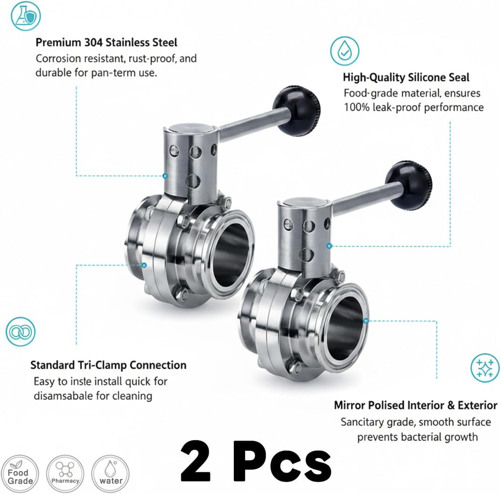 SUS304 Stainless Steel Butterfly Valve, 2 Pack, 1" Inch