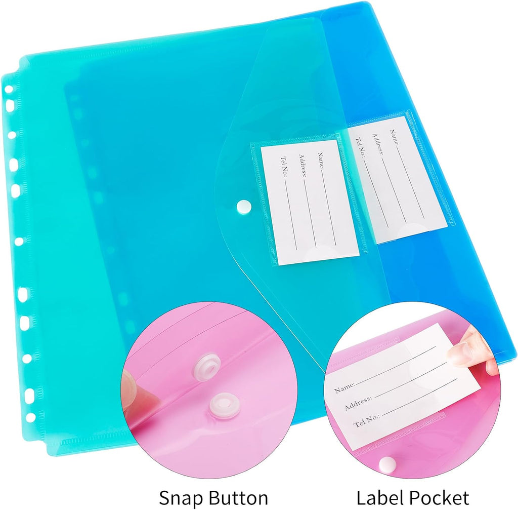 30pcs Binder Sleeves, Binder Pockets for 3 Ring, Binder Folders, 11 Holes, Letter Size, Snap Button Pouch with Label