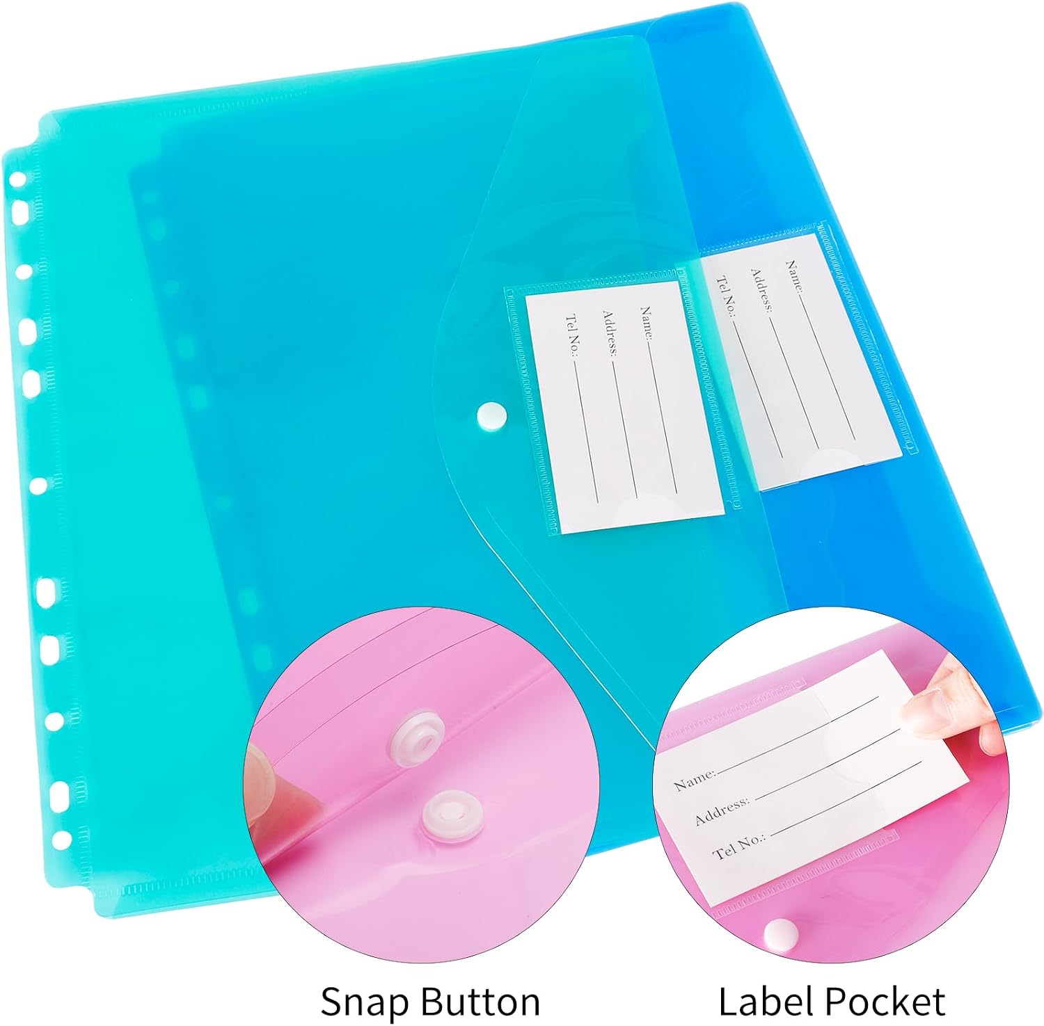 30pcs Binder Sleeves, Binder Pockets for 3 Ring, Binder Folders, 11 Holes, Letter Size, Snap Button Pouch with Label