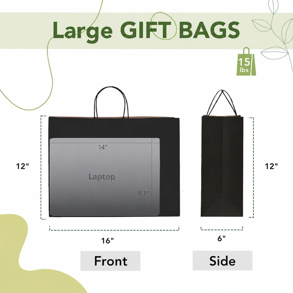 25 Pack Large Black Paper Bags with Handles, 16x6x12 Inch