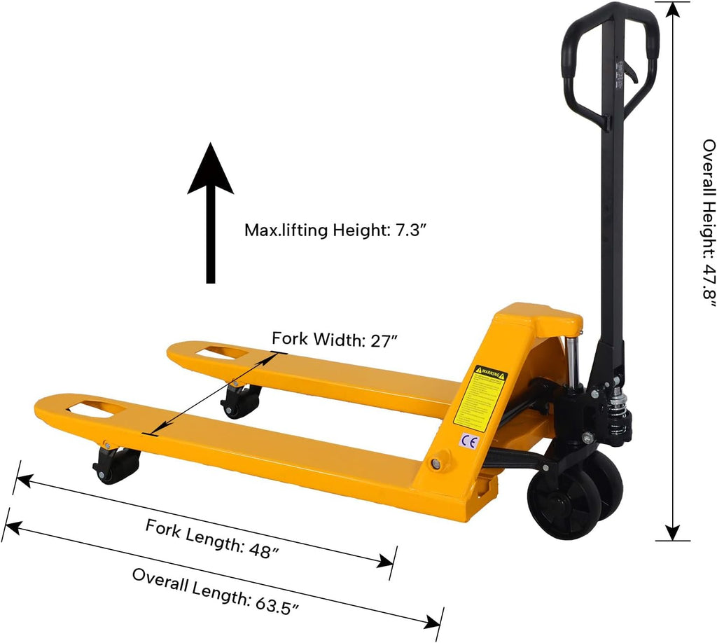 Pallet Jack 27" W x 48" L Fork, 5500-Lbs Capacity | Industrial Standard Manual Pallet Trucks for Warehouse, Factory