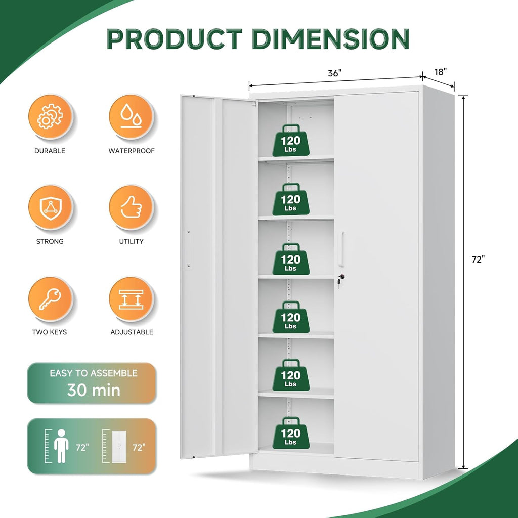 Metal Storage Cabinet with Lock Door Adjustable Shelf,72" Steel Lockers for Office, Home,School,Kitchen,Garage Tool