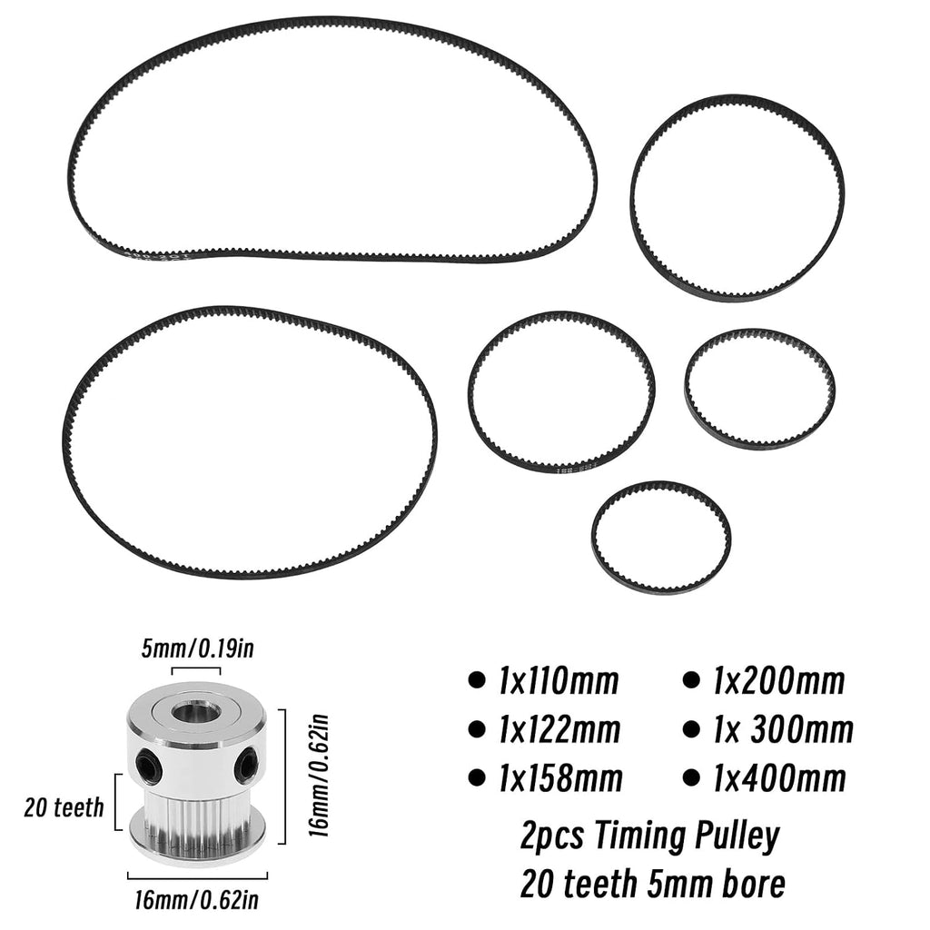 Create idea 6PCS 2GT-6 3D Printer Timing Belt 110mm 122mm 158mm 200mm 300mm 400mm Closed Loop Rubber Belt 6mm Width & 2PCS Timing Belt Pulley 20 Teeth 5mm Bore
