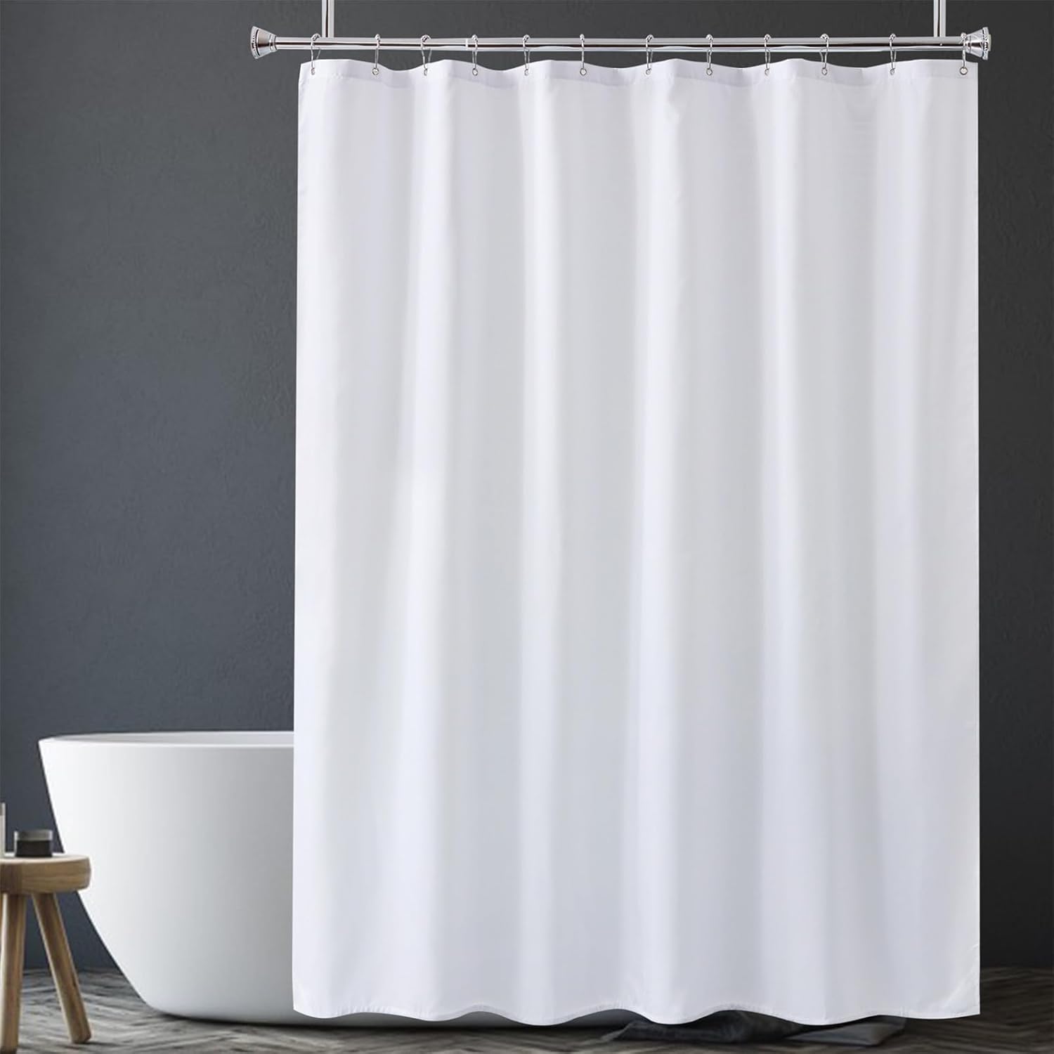 White Shower Liner Cloth Waterproof, White Shower Curtain Liner Fabric with Weighted Stones, Washable Shower Curtain