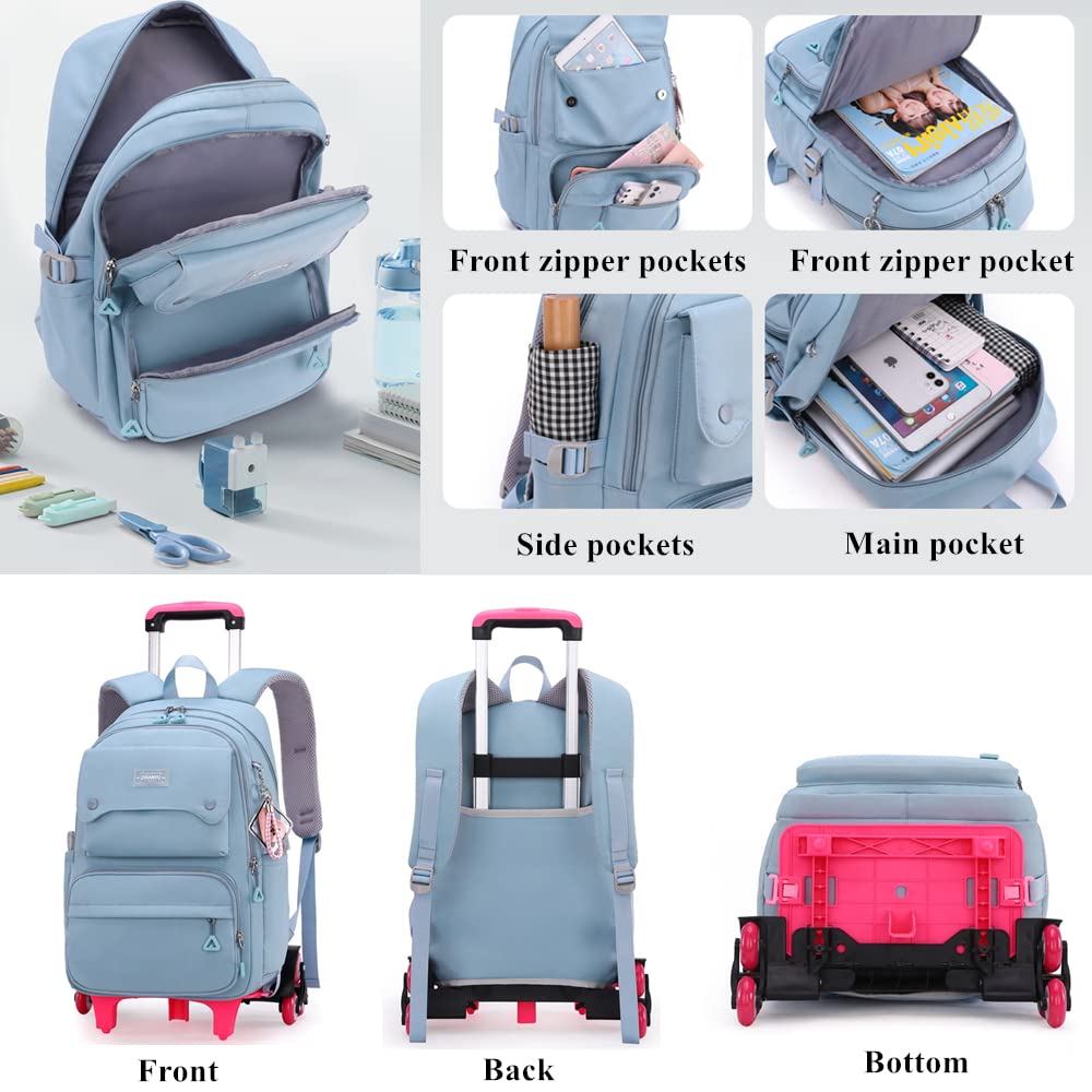 Solid Color Girls Rolling Backpack with Wheels Schoolbag Elementary School Student Trolley Daypack