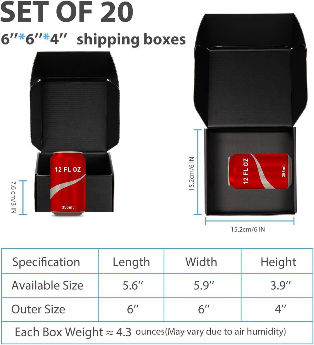 Black Shipping Boxes 6x6x4 Inches, 20 Pack