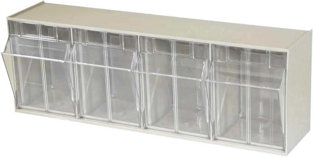 TiltView Plastic Storage Cabinet with 4 Tilt Out Bins, Horizontal Plastic Parts Organizer, Teacher Toolbox, and