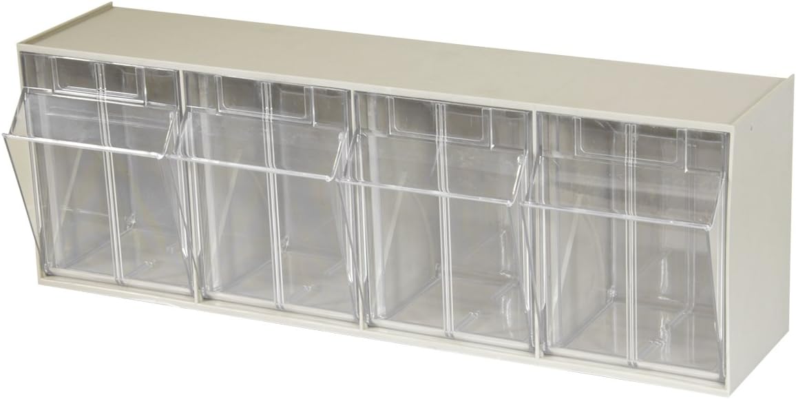 TiltView Plastic Storage Cabinet with 4 Tilt Out Bins, Horizontal Plastic Parts Organizer, Teacher Toolbox, and